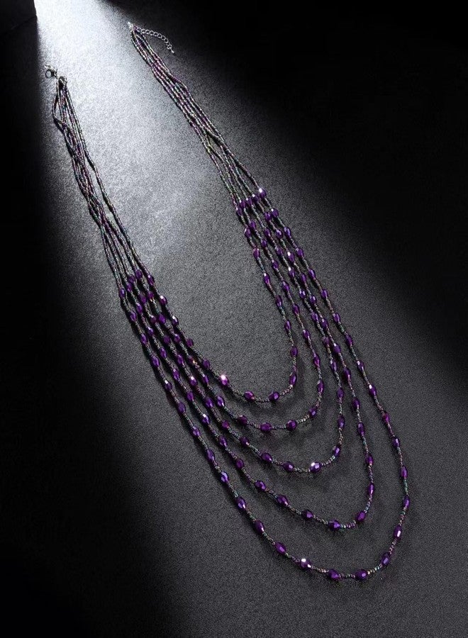 Xalroco Long Layered Necklace for Women Trendy Colorful Boho Chunky Crystal Beaded Jewelry Womens Dainty Statement Fashion Necklaces Costume Bead Strand Necklace (Purple) - Image 3
